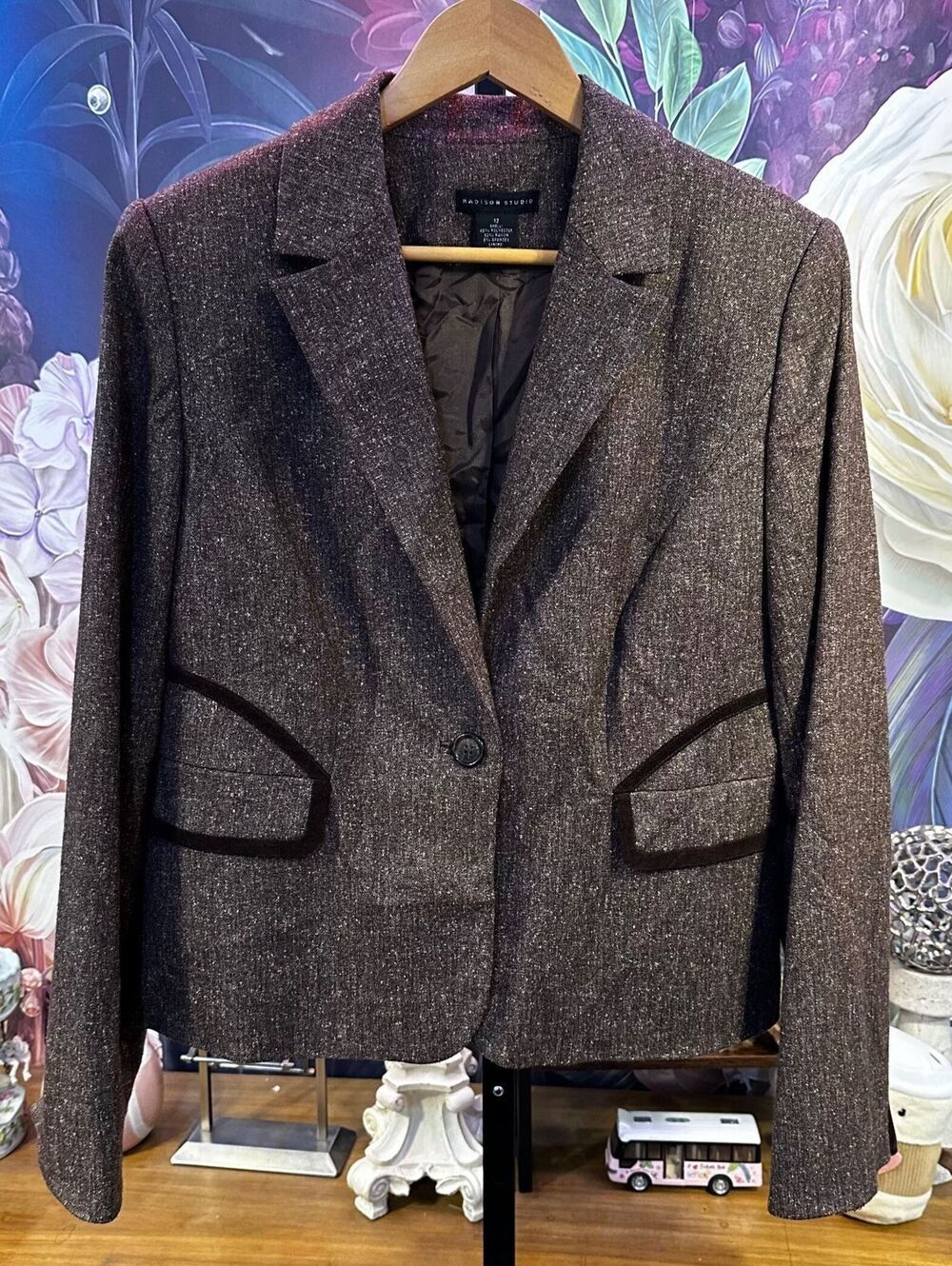 Madison Studio 12 Brown Tweed Crop Blazer Office Siren Preppy Quiet Luxury NWOT